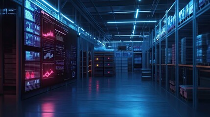 Futuristic Warehouse with Neon Lights and Data Displays