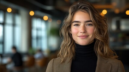 Obraz premium Confident Young Woman Smiling in Modern Cafe Setting