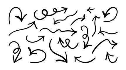 Arrows drawn by hand with brush pen. Black lines for direction of different shapes. Simple elements for business and projects