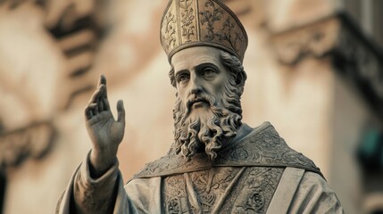 Historical statue of religious figure in traditional robe and headwear Feast of St. Ambrose