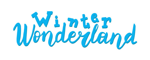 Winter wonderland features hand drawn lettering. Blue calligraphy on white background. Wintertime