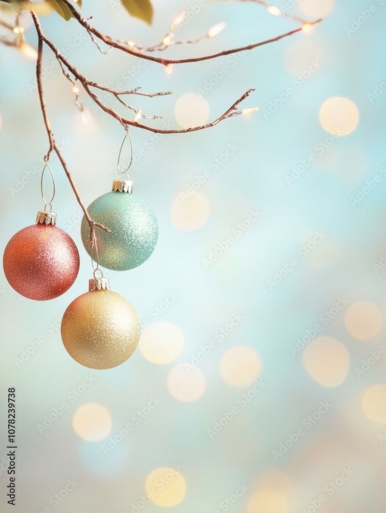 Poster three vibrant christmas ornaments dangle from a branch, adding festive charm against a dreamy bokeh 