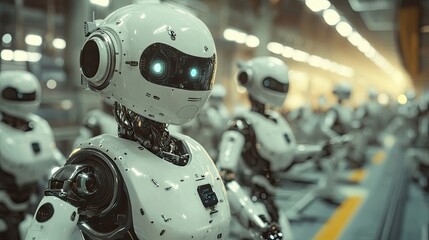 A Close-up of a White Robot's Head with Glowing Eyes Amidst a Line of Other Robots