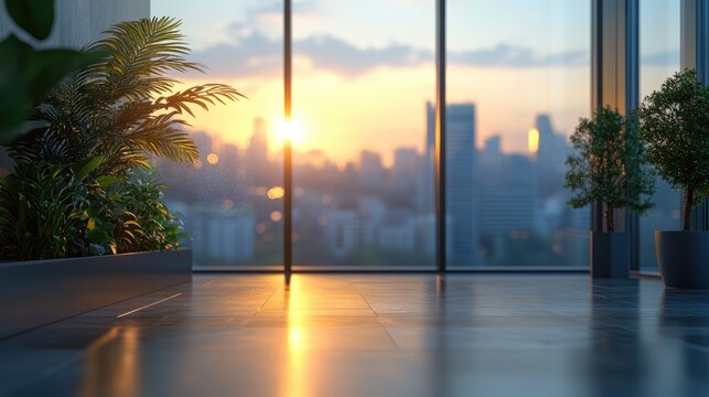 Fototapeta Bright room with green plants and large windows overlooking the city. Magnificent view from the window. Interior of a city apartment.