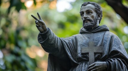 Fototapeta premium Historic stone statue of a monk with cross amidst lush green foliage St. Francis Xavier