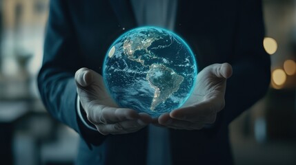 Fototapeta premium A Man Holding a Holographic Earth Globe in His Hands