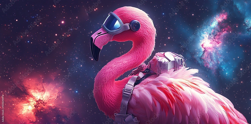 Poster a pink flamingo astronaut in space with a starry background.