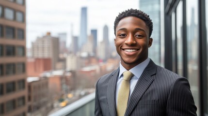 Fototapeta premium Confident Young Businessman in Urban Skyline Setting