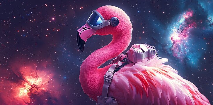 A pink flamingo astronaut in space with a starry background.