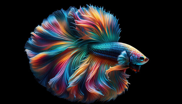 Schimmernder Kampffisch auf schwarzem Hintergrund, copy space, multicolored