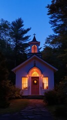 A small chapel radiates welcoming warmth through its illuminated windows during the evening