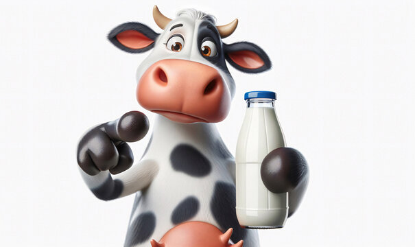 Eine lustige Kuh auf wei&szlig;em Hintergrund , sie zeigt mit einem Finger auf eine Flasche Milch in ihrer anderen Hand, trinkt mehr Milch