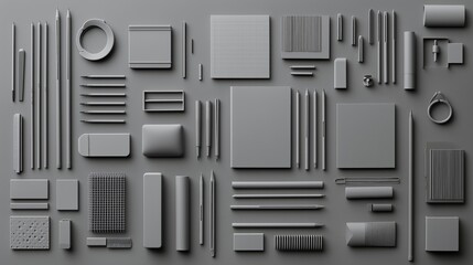 A flat lay of monochrome matte grey stationery items arranged neatly, including pencils, notebooks, erasers, and clips, creating a minimalistic and organized composition with uniform texture