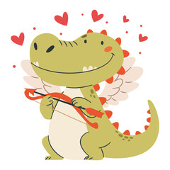 A flat vector illustration in a simple children's style. Cute crocodile cupid with wings, hearts. Vector illustration