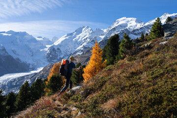 A man hiking in front of the famous Biancograt, near Morteratsch, in autumn.