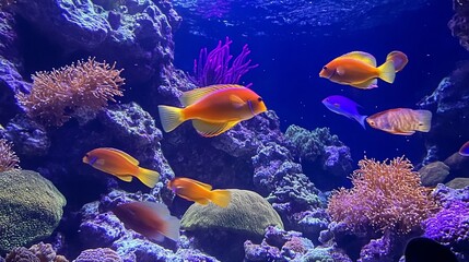 Obraz premium A school of bright orange fish swim amidst colorful coral reefs in a clear blue ocean.