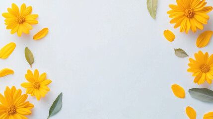 Obraz premium Yellow Flowers and Leaves on a White Background