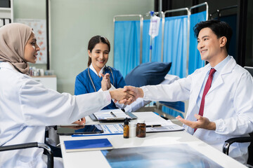 Fototapeta premium Applause, success with doctors in meeting for presentation, medical and research. Training, healthcare with group of people workshop event for medicine, target or teamwork.