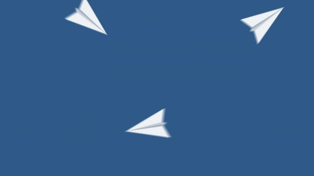 Flying paper airplanes on different trajectories. Loopable 2d animation video. Motion graphics with alpha channel.