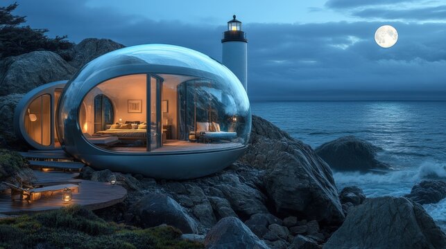 Futuristic Coastal Home Beside Lighthouse Under Moonlit Sky