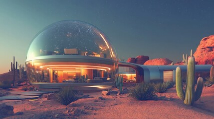 Futuristic Glass Dome House in a Desert Landscape at Twilight