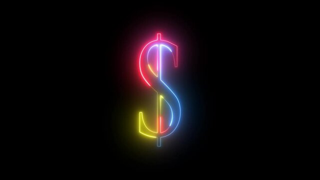 Dollar sing icon with neon glowing animation on a black background.