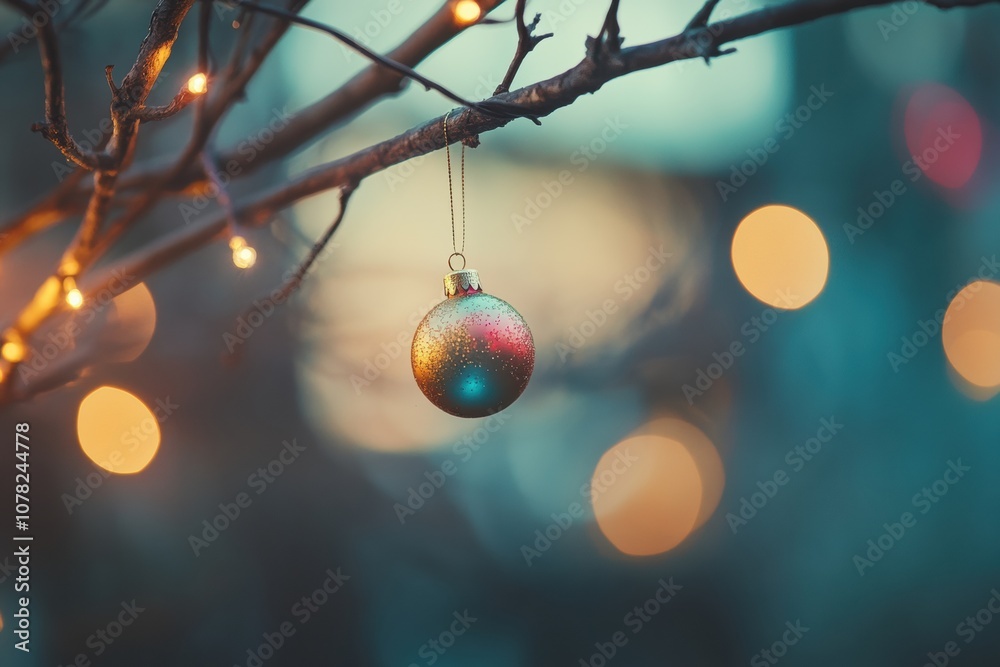 Aufkleber a colorful christmas ornament dangles from a tree branch, surrounded by soft, twinkling lights, crea
