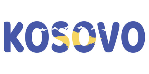 The country name KOSOVO is displayed in large, bold letters. Each letter is filled with the colors and symbols of the Kosovar flag.