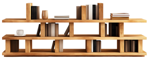Wooden Bookshelf with Open Compartments and Multiple Books Organized in a Modern Style, Isolated on a Transparent Background