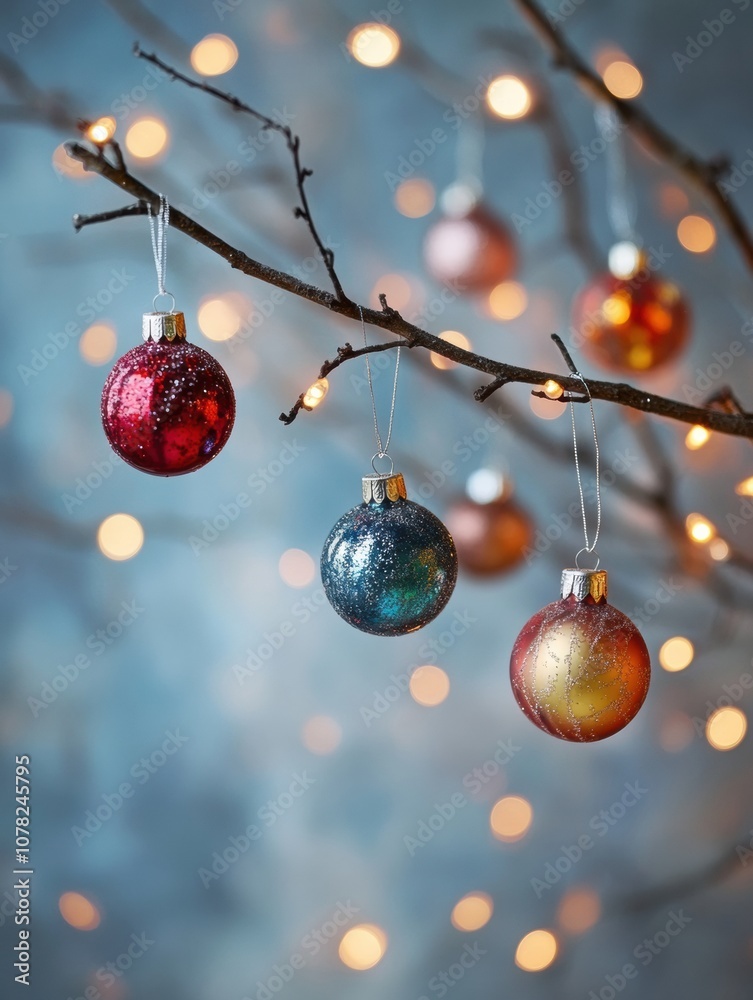 Aufkleber colorful christmas ornaments are elegantly displayed on a tree branch, illuminated by soft twinkling