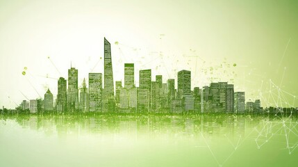 A green-tinted city skyline representing urban development and sustainability.