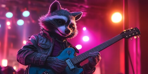 A raccoon dressed as a rockstar plays an electric guitar on stage.