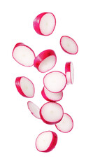 Flying sliced radishes in mid-air display