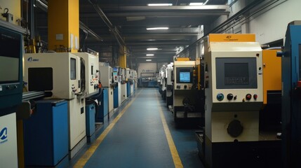 Obraz premium A row of industrial machines in a workshop, showcasing manufacturing equipment and tools.