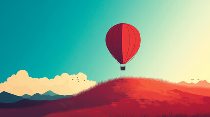 Fototapeta premium A red hot air balloon is floating in the sky above a grassy hill
