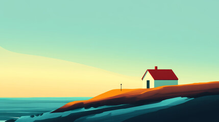 Fototapeta premium A small white house sits on a hill overlooking the ocean