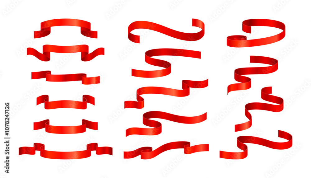 Wall mural set of realistic waved red silk ribbons isolated on a white background. design element for greeting 