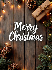A festive Merry Christmas greeting with a rustic wooden background, adorned with pine cones, a gift, warm lights, and natural decor, perfect for holiday cheer.