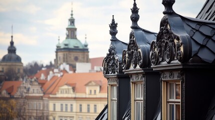 Fototapeta premium Elegant european architecture, ornate black wrought iron roof in historical cityscape