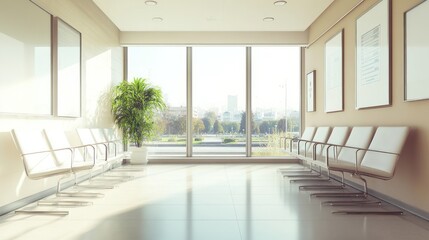 Fototapeta premium A bright waiting area with modern seating and large windows overlooking a cityscape.