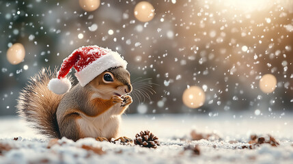 Fototapeta premium Christmas squirrel wearing santa hat in snowy forest