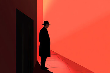 A man in a hat stands in front of a red wall