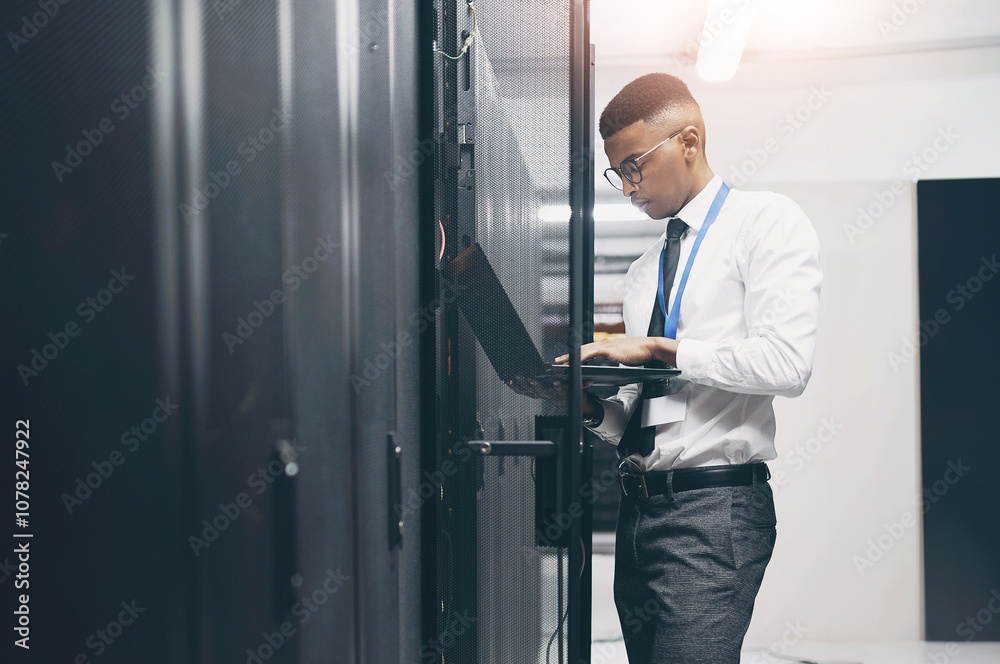 Fototapete Man, technician and server room with laptop for software, hardware or network repair at office. Male person, IT engineer or fix with computer for technical solution, internet service or system backup