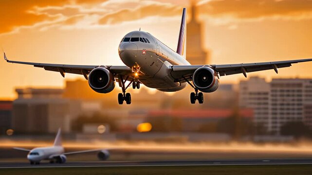Commercial Passenger Airplane Taking Off Landing in Airport at Sunset Sunrise with Blurred Bokeh Lights Background