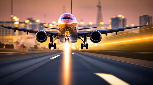 Commercial Passenger Airplane Taking Off Landing in Airport at Sunset Sunrise with Blurred Bokeh Lights Background