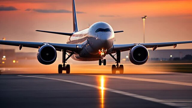 Commercial Passenger Airplane Taking Off Landing in Airport at Sunset Sunrise with Blurred Bokeh Lights Background