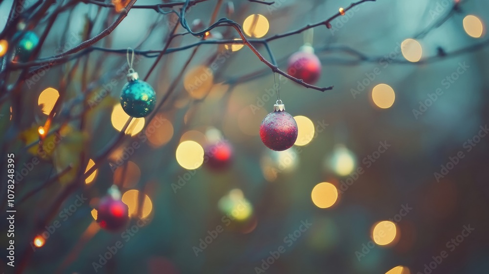 Poster brightly colored christmas ornaments dangle from branches, surrounded by twinkling lights, creating 