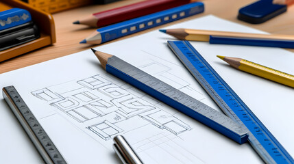 A hand-drawn sketch of a house plan on a piece of paper with pencils and rulers.