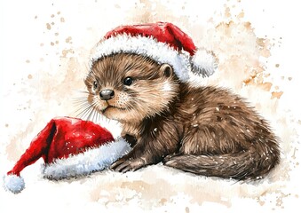 Baby otter playing with Santa hat, watercolor technique, white backdrop, fluid brush strokes, cheerful expression, festive charm