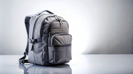 Naklejka premium Isolated Grey Backpack on a White Background with Tilt-Shift Effect for Travel and Outdoor Enthusiasts, Ideal for E-Commerce and Product Display in Stock Photography